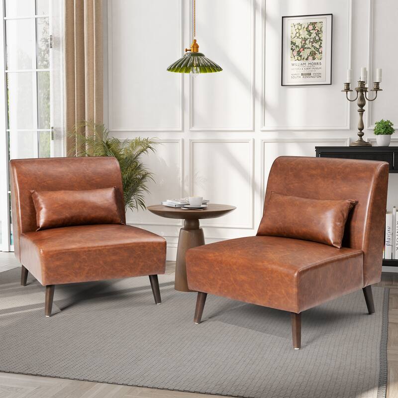 Accent Chair Upholstered Sofa Chair PU Faux Leather Wood Frame with Pillow - 28.74" W x 30.71" D x 31.50" H - Set of 2, Brown