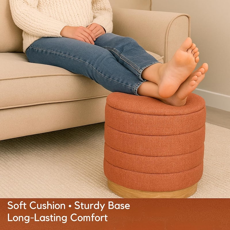 Modern Cylinder Ottoman with Hidden Storage Linen Upholstery Seat