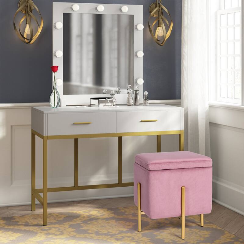 Adeco Square Velvet Storage Ottoman Multi-Function Vanity Footstool