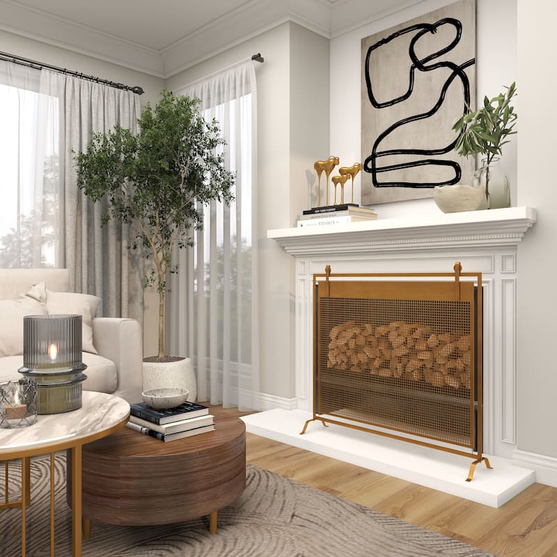 Copper Metal Suspended Grid Style Netting Single Panel Fireplace Screen with Bolted Detailing