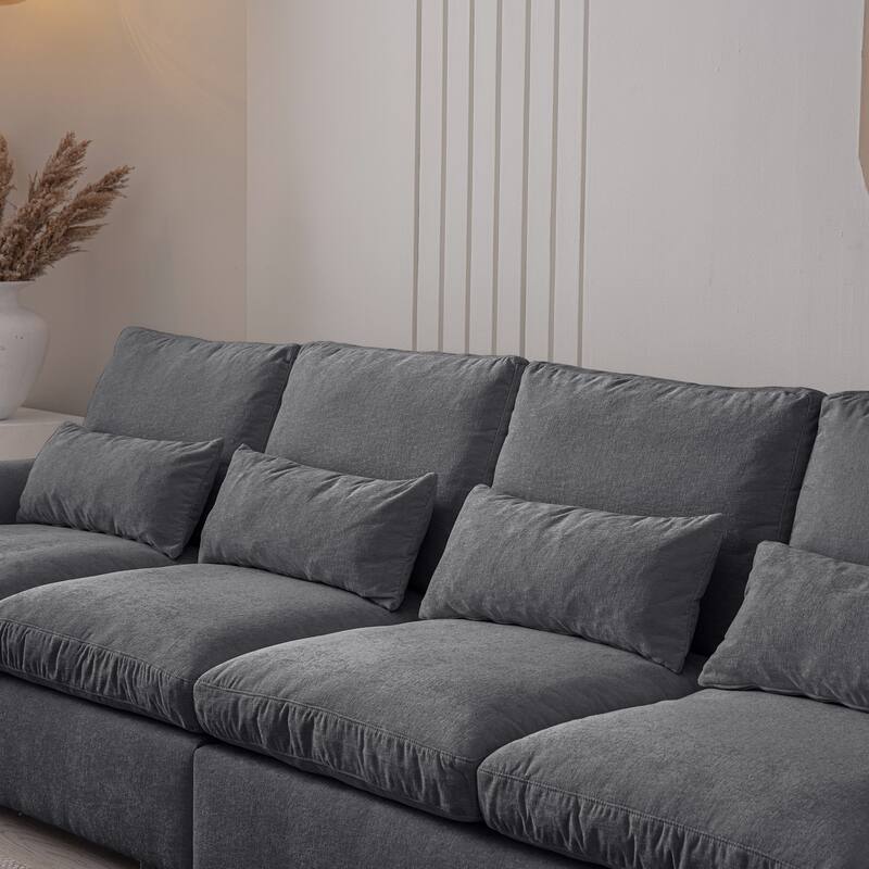 Modern L Shaped Chenille Oversized Sofa with Reversible Ottoman, USB Ports, and Cup Holder