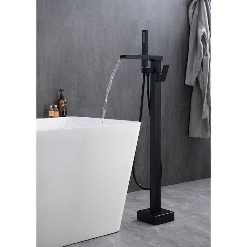 Single Handle Waterfall Tub Filler Freestanding Bathtub Faucet with Hand Shower in Black