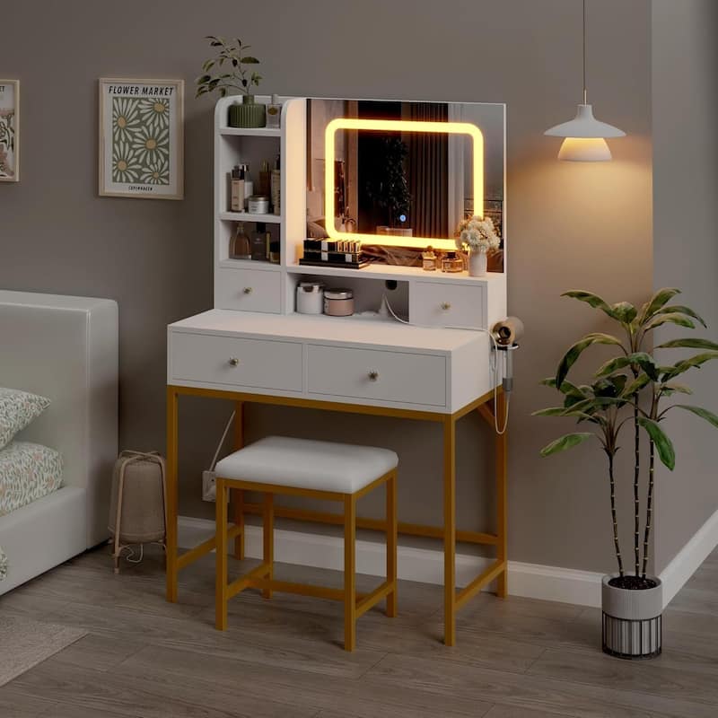 4 Drawer Vanity Desk with Mirror, Makeup Vanity Table for Bedroom