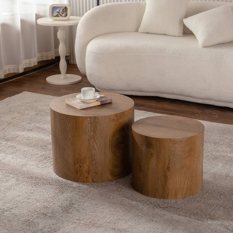 Round Nesting Coffee Table Set of 2, Modern Wooden Circle Accent Tables for Living Room, Small Space Sofa End Side Tables