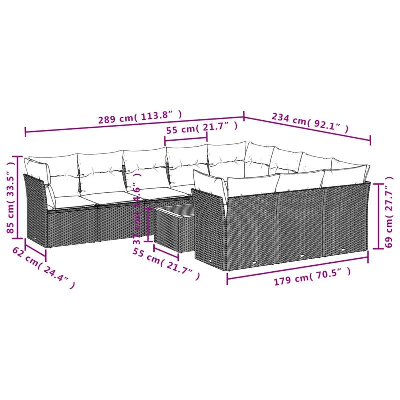 vidaXL Patio Sofa Set with Cushions Outdoor Furniture 11 Piece Poly Rattan - 21.7 x 21.7 x 14.6