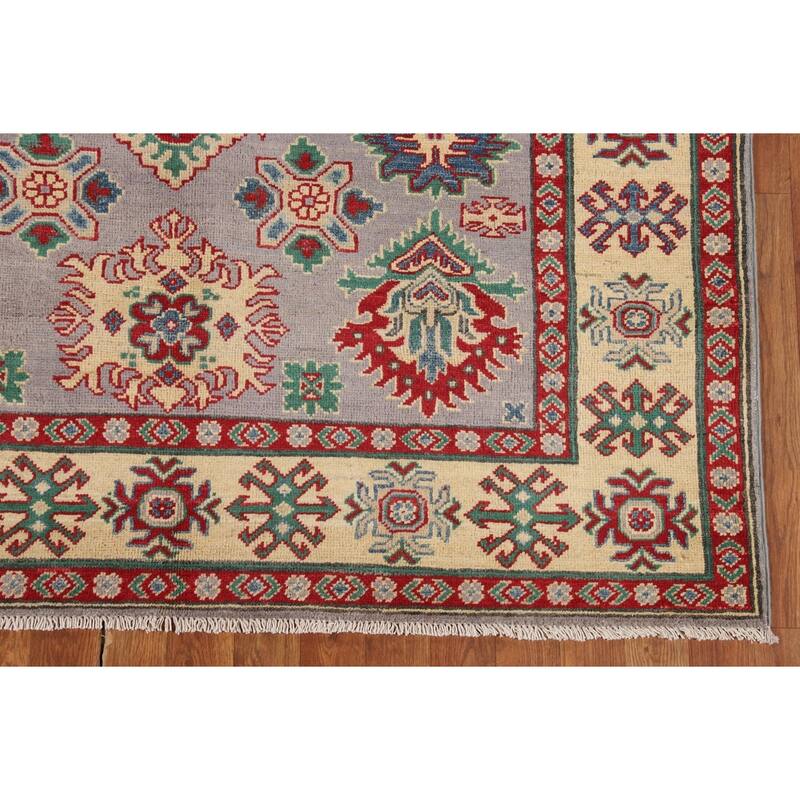 Grey Geometric Kazak Oriental Area Rug Handmade Wool Carpet - 5'1" x 6'9"