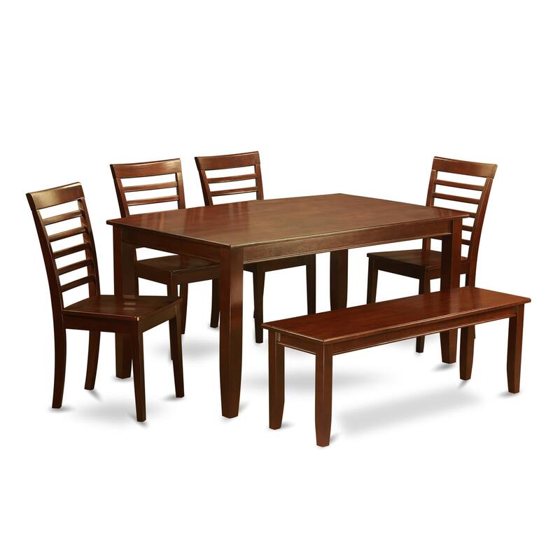 East West Furniture 6 Pc Dining set- A Dining Table with 4 Kitchen Chairs plus one Bench - Mahogany Finish (Seat Type Option)