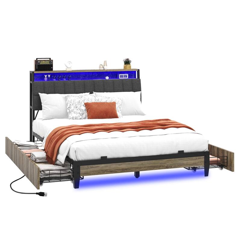 Upholstered Platform Bed with Charging Station and Storage Headboard