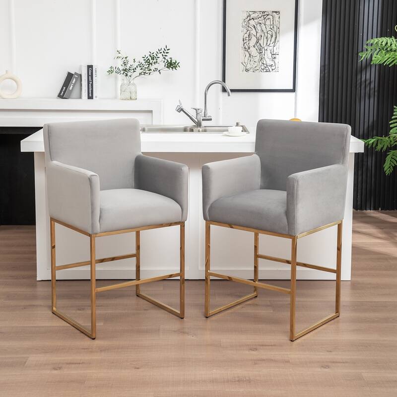 SEYNAR Mid Century Modern Velvet Accent Armrest 27-inch Tall Bar Stool Set of 2 with Metal Frame - Grey