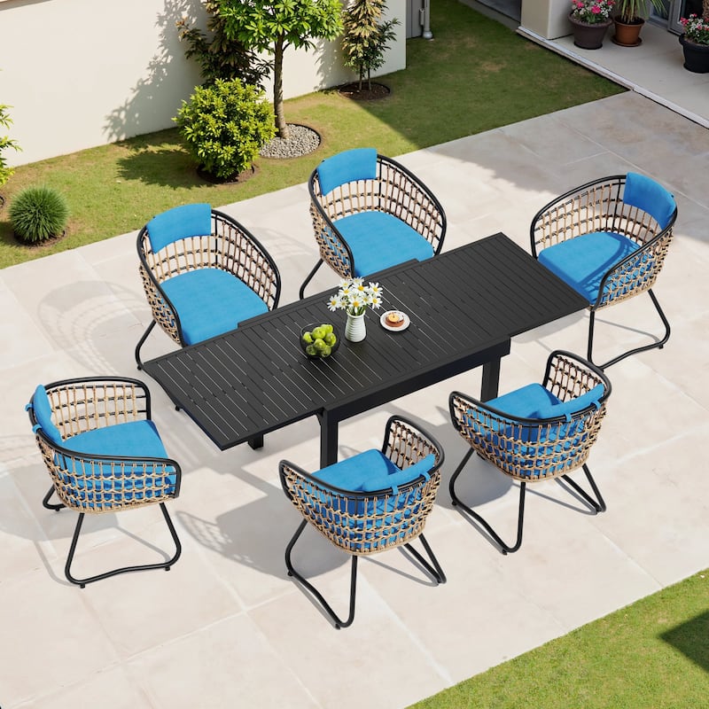 5/7/11-Piece Set Outdoor Aluminum Extendable Patio Dining Table Set with Rattan Chairs - Blue - 82.68 in Table - 7pcs Set