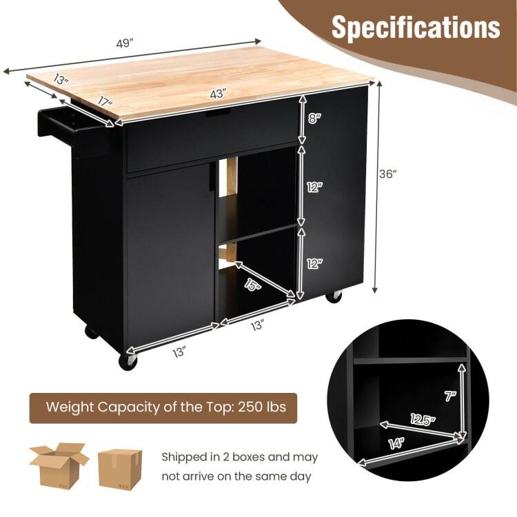 Drop-Leaf Kitchen Island with Rubber Wood Top - 49" x 30" x 36"(L x W x H)