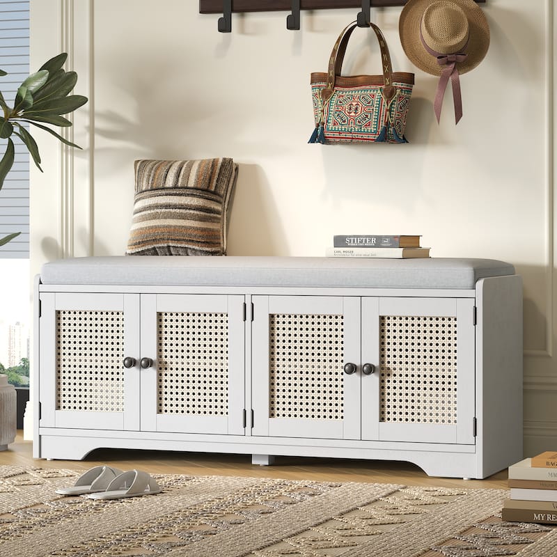Multifunctional Entryway Bench Indoor Bench, Beige White Shoe Bench Lounge Bench with Removable Cushion - Beige White