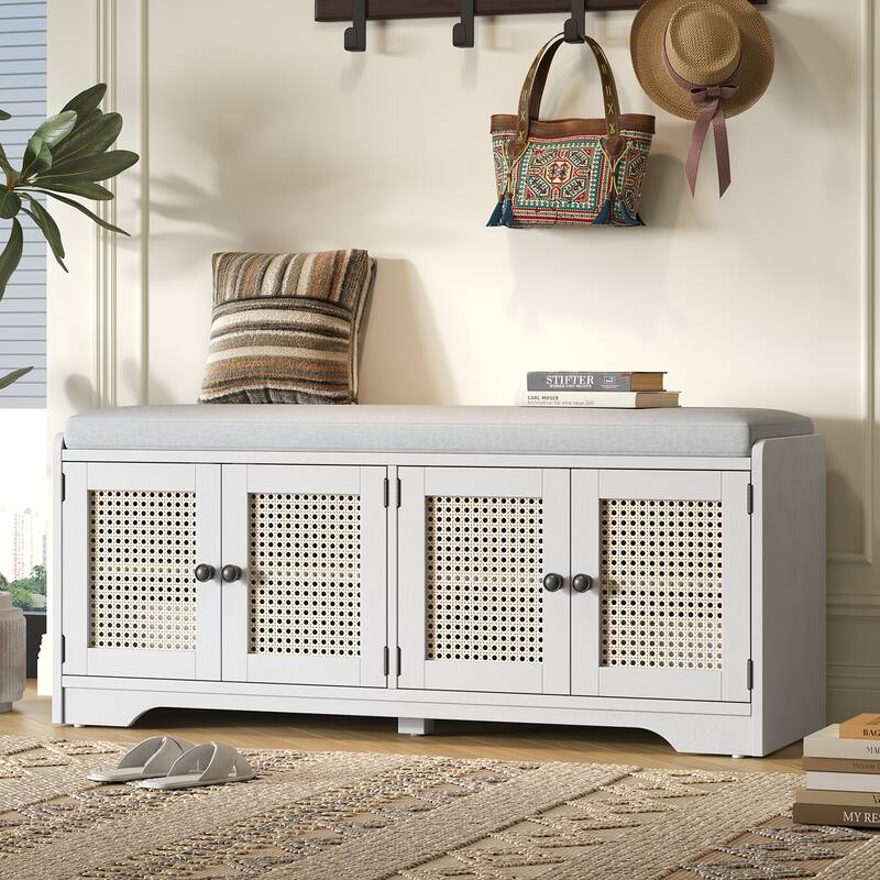 Rustic Storage Bench with Removable Cushion and Woven Rattan Doors - Beige+White