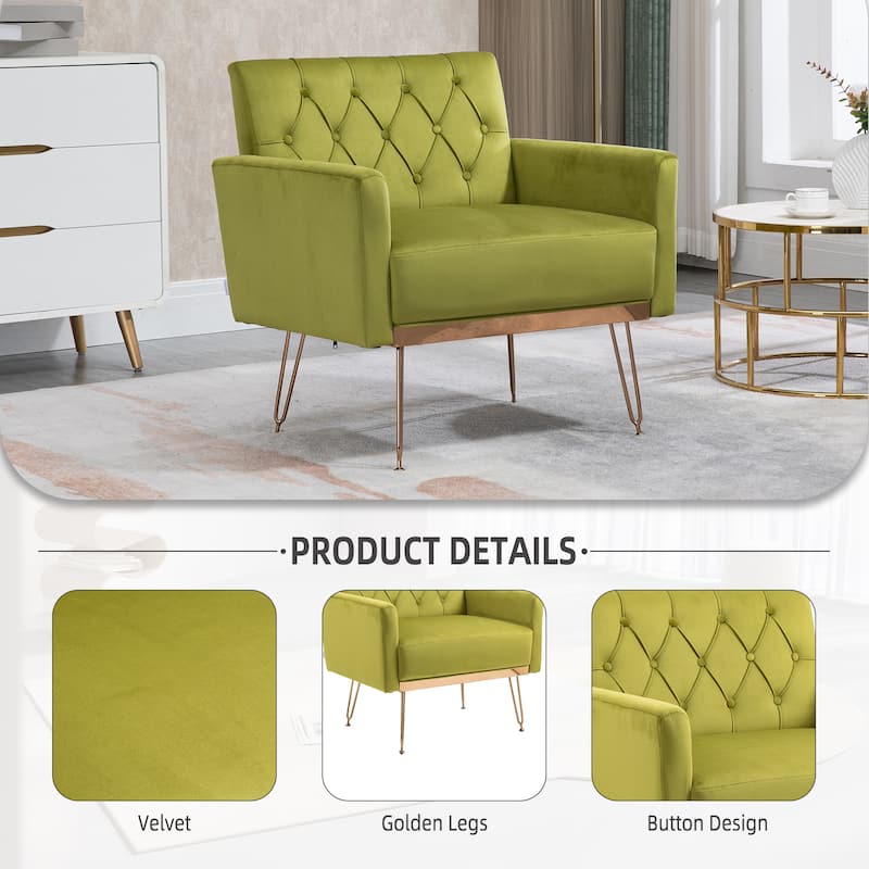 Velvet Upholstered Armchair Single Sofa Modern Tufted Reading Chairs Gold Metal Leg Wingback Chairs for Living Room Bedroom