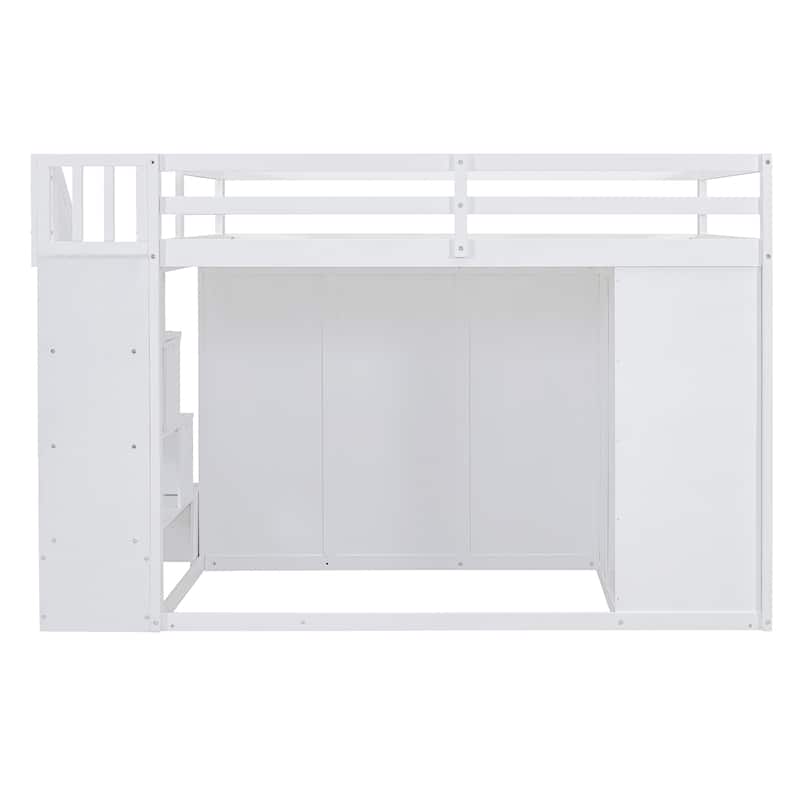 Full Loft Bed w/ Storage Staircase, 4 Drawers, Cabinet, Two Wardrobes