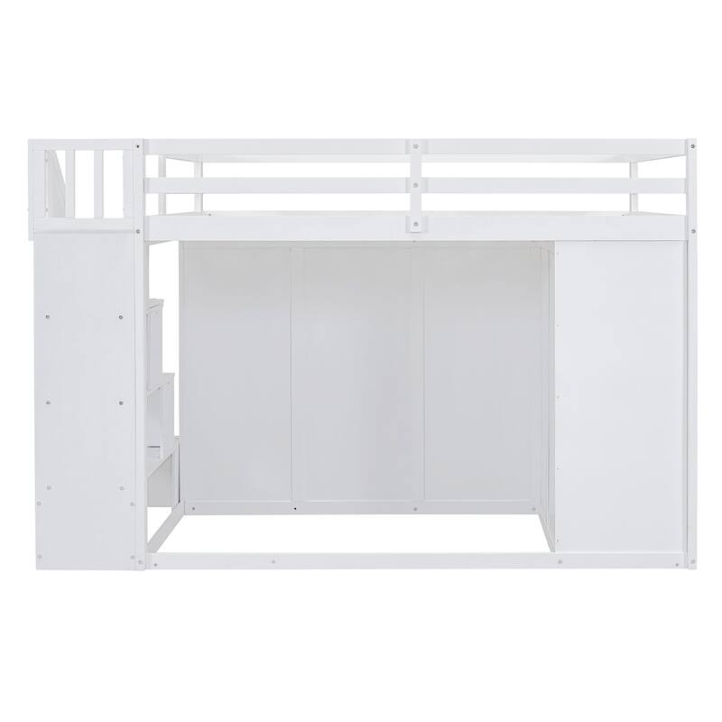 White Full Size Loft Bed with Built-in Wardrobes and Staircase, Space-Saving Design