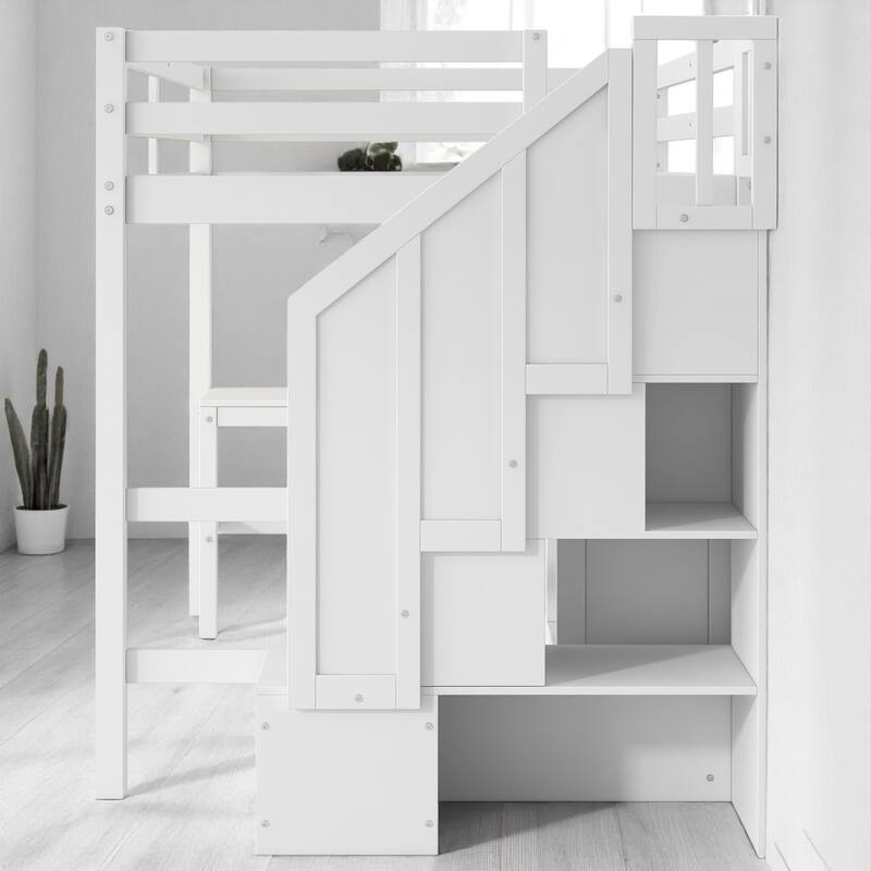Space-Saving Full Loft Bed with Storage Stairs, Desk, Drawers & Cabinet - Solid Pine & MDF Construction