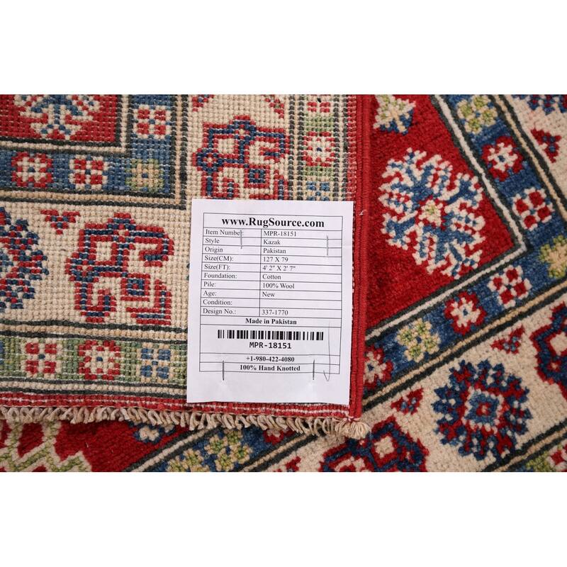 Red Traditional Kazak Oriental Accent Rug Hand-Knotted Wool Carpet - 2'7" x 4'2"
