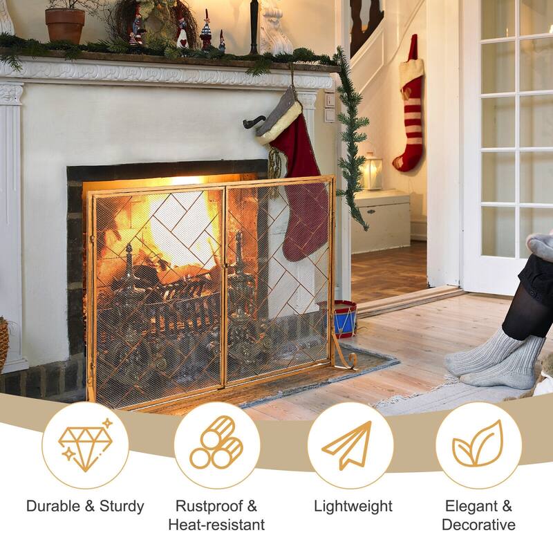 3-Panel Folding Wrought Iron Fireplace Screen with Doors and 4 Pieces Tools Set - 44.5" x 16" x 33.5" (L x W x H)