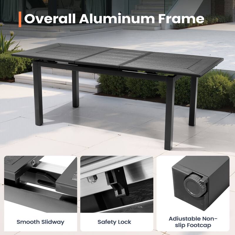 7PC Pellebant Outdoor Patio Aluminum Expandable Dining Table WPC Top with Stackable Armchairs