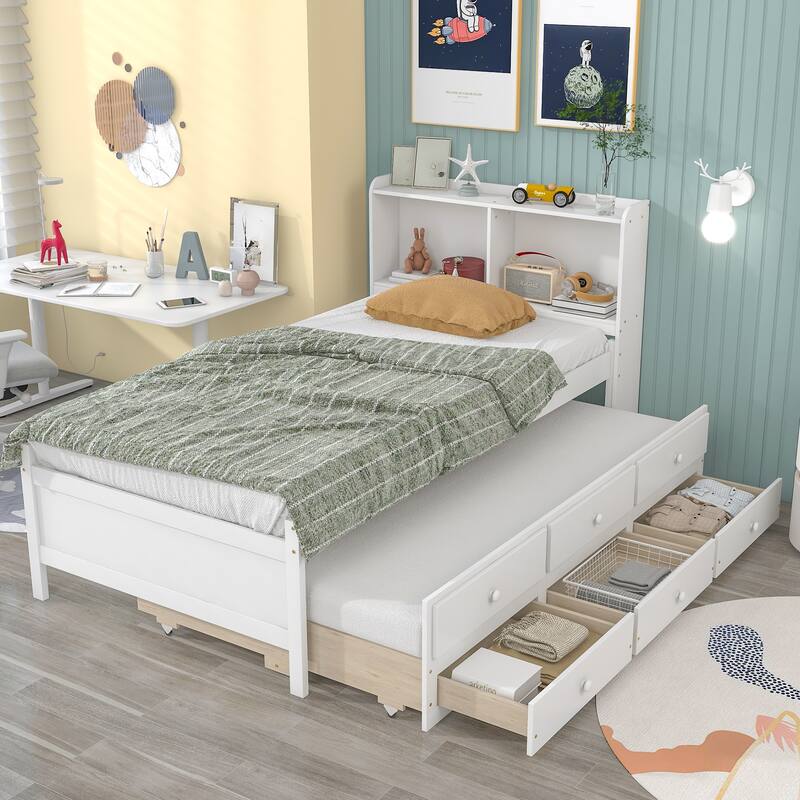 Twin Size Platform Bed Wood Frame Bed with Storage Headboard and Twin Trundle Bed, 2 Storage Drawers Design for Kids Teens