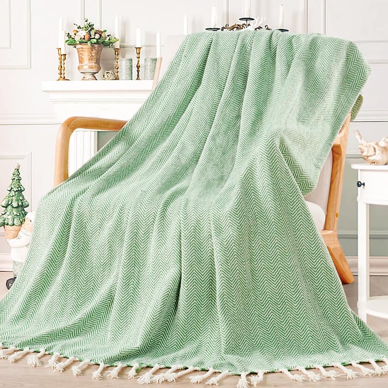 Extra Cozy Chevron Knit Throw Super Soft Knitted Blanket for Couch - 50" x 60" - Green