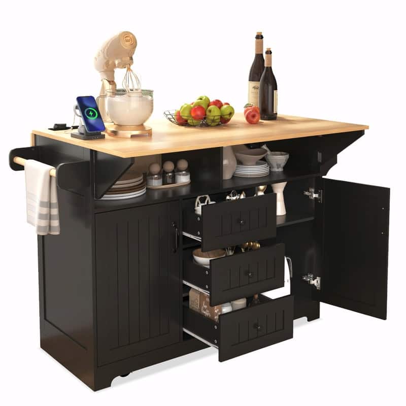 55.7" Rolling Kitchen Island with Double Drop Leaf, Power Outlet, 3 Drawers, Spice & Towel Rack, Folding Dining Table Cart