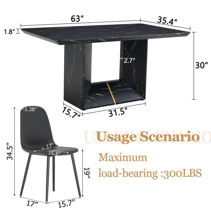 Modern Dining Table Set with Marble Pattern Top, O-Shaped Legs, Waterproof Cat Paw Leather Chairs, Non-Slip Feet