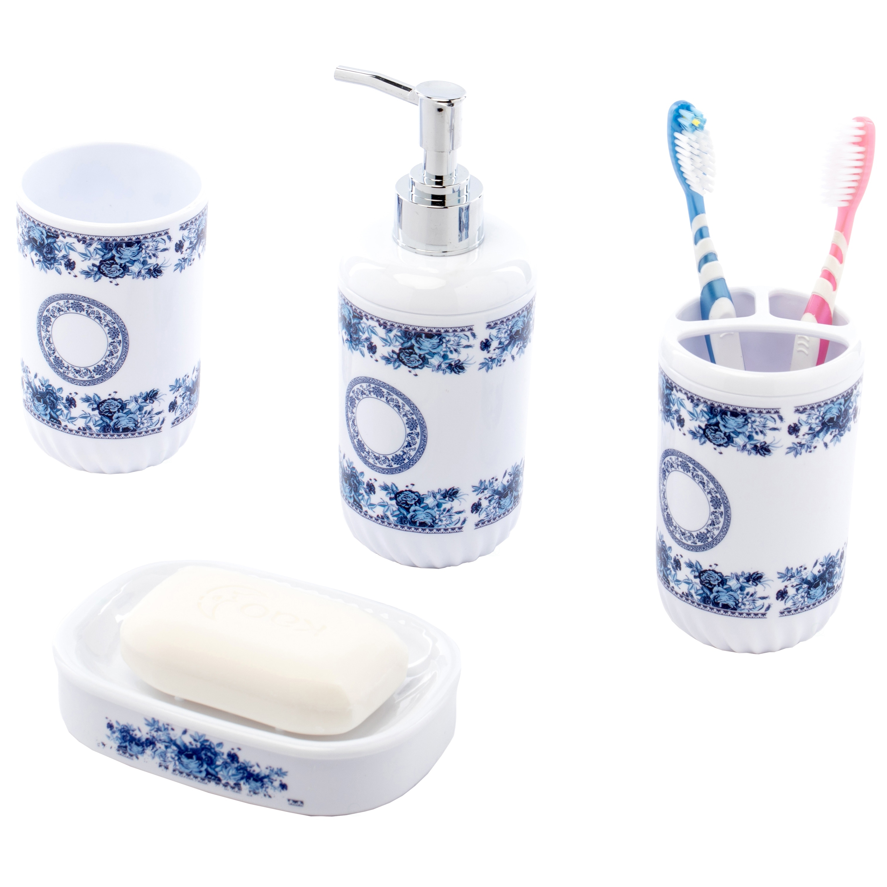 Bathroom Accessories Set Toothbrush Holder Soap Dispenser Silver Ceramic 4 Piece 