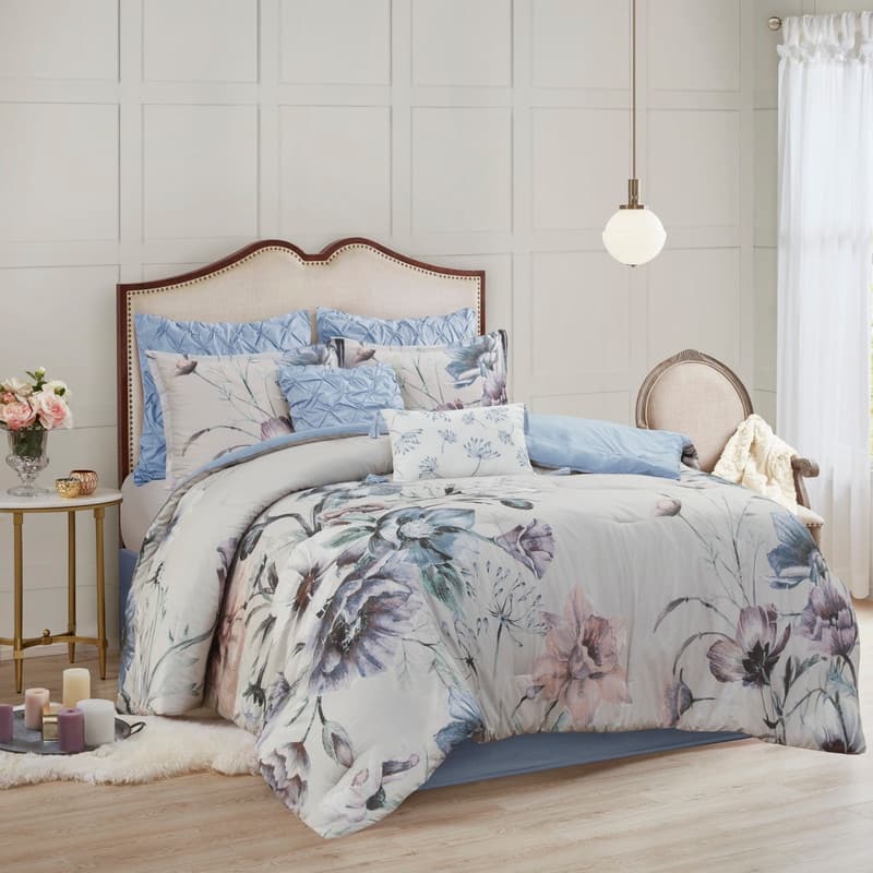 8 Piece Cotton Printed Comforter Set - King - Blue