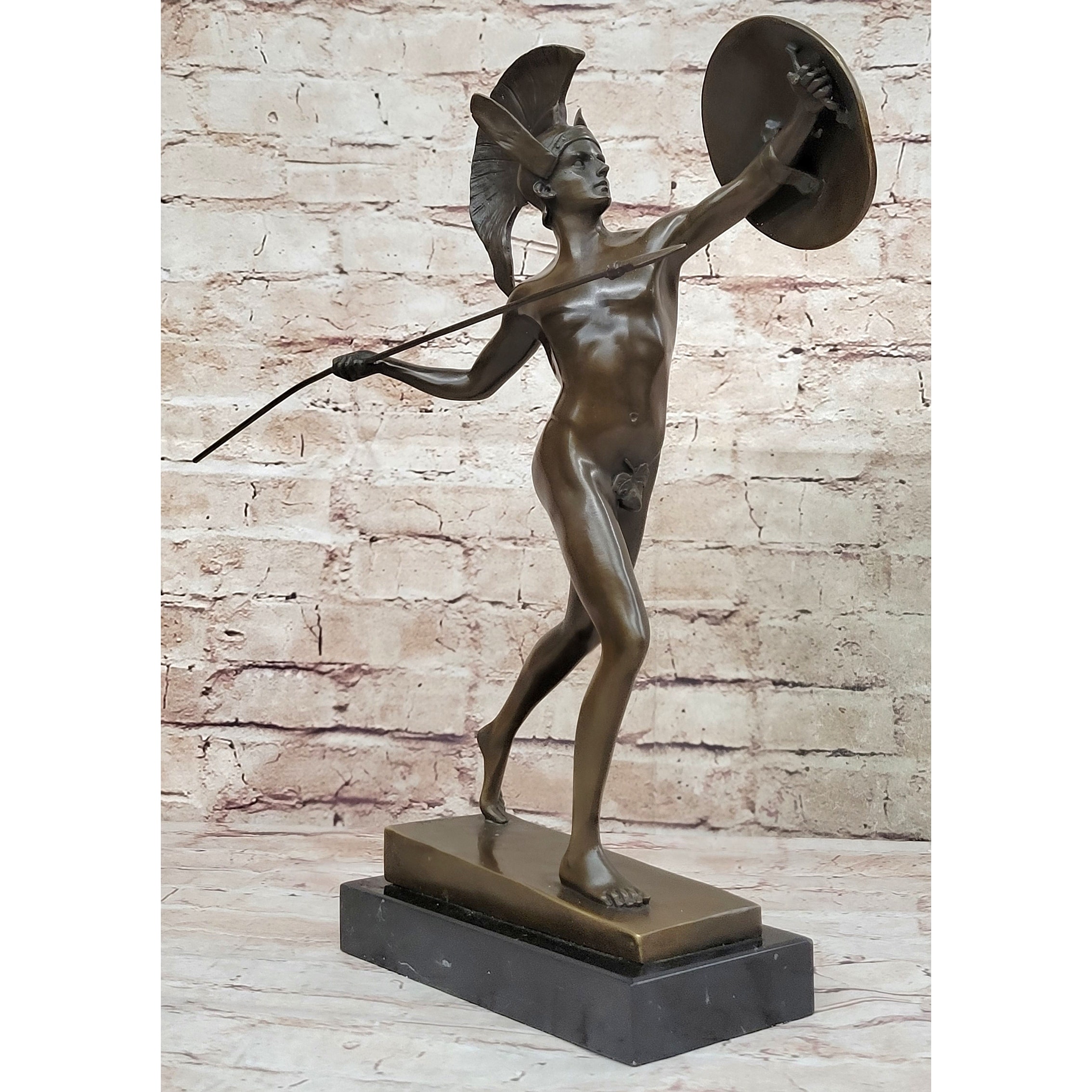 Greek Warrior W/ Spear And Shield Bronze Statue Sculpture Figure On Marble Base 16 Inches X 11 Inches