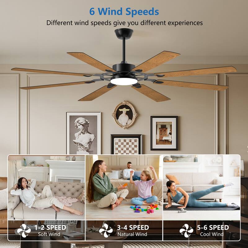 72-Inch 8-Blade Large Ceiling Fan,Reversible Quiet DC Motor,Indoor/Outdoor Modern Ceiling Fan - Black