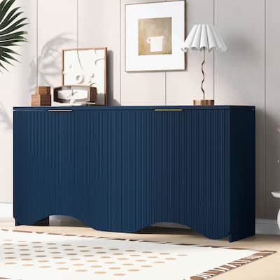 Wavy Design Storage Cabinet 4-doors Sideboard Buffet, Navy Blue Cupboard Console Table for Hallway Entry Living Room