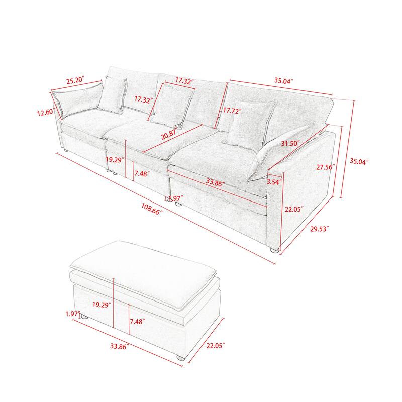 108.66" L-Shaped 4-Seater Sectional Sofa with Convertible Chaise and Ottoman, Spacious Cloud Couch Design