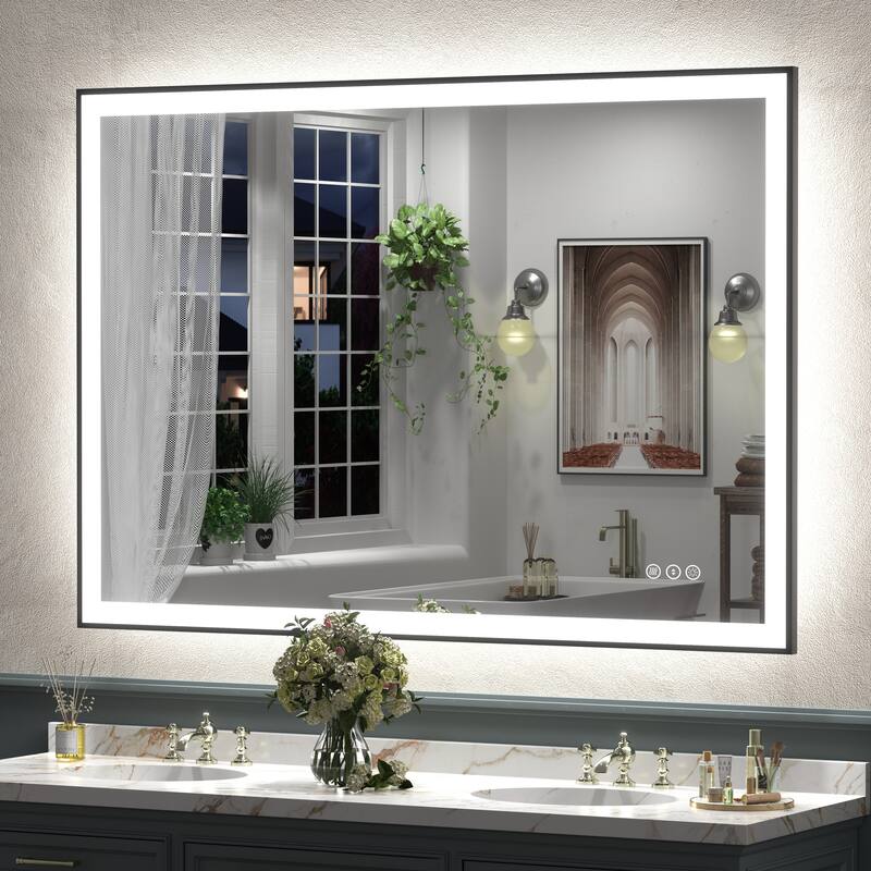 Front & Back LED Anti-Fog Tempered Glass Framed Bathroom/Vanity Mirror 3-Year Warranty - 51" x 40"-Square Corner - Black