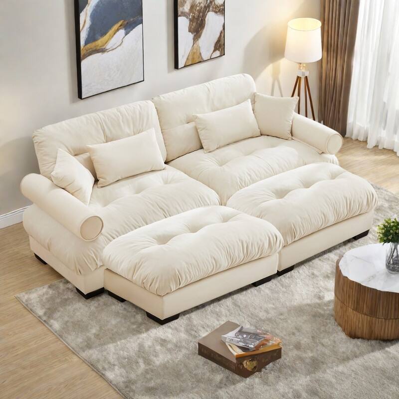 93.7" Oversized Velvet 2-Seater Sofa with Ottoman, Round Bolster Armrests, and Included Pillows - Cream