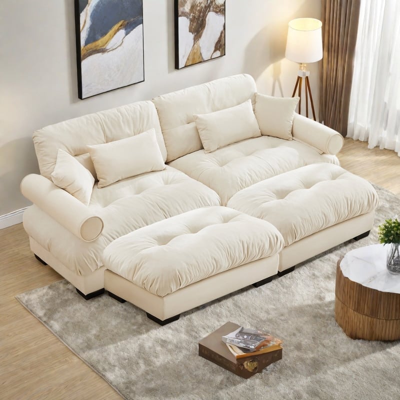 93.7" Oversized Velvet 2-Seater Sofa with Ottoman, Round Bolster Armrests, and Included Pillows