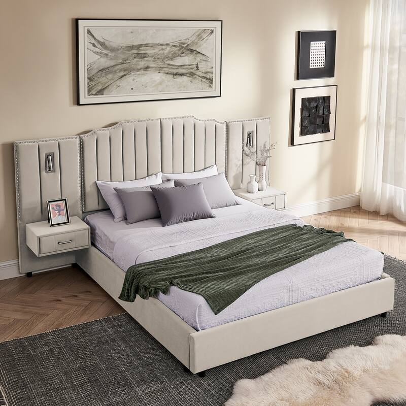 Queen Size Upholstered Bed Frame with Velvet Fabric, Vertical Stripe Design with Buttons Around Platform Bed