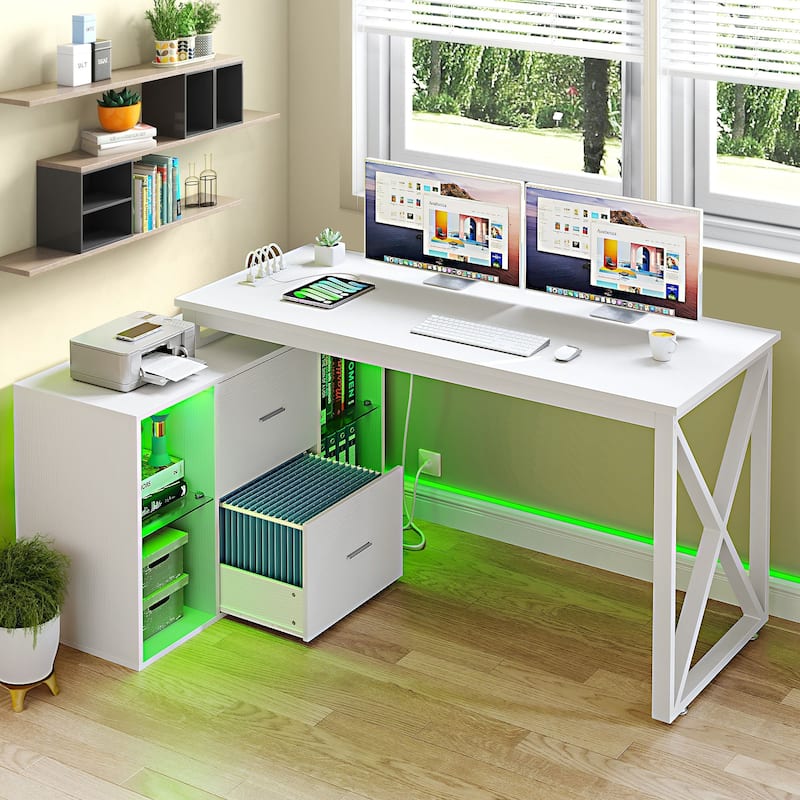 55 Inch L-shaped Gaming Desk with Power Outlets and LED Lights Computer Corner Desk with File Cabinet Monitor Stand - White-X Design