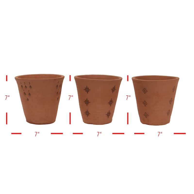 Foreside Home & Garden Set of 3 Natural Handthrown Terracotta Embossed Stamped Planters - 7 x 7 x 7
