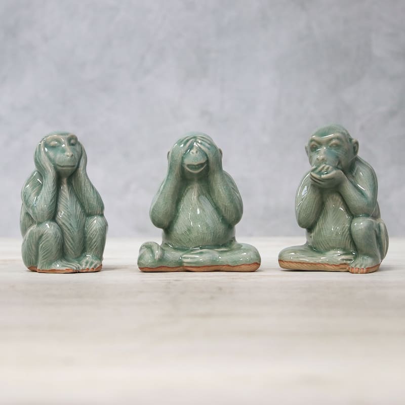 Novica Handmade Offering Wisdom Celadon Ceramic Figurines (Set Of 3)