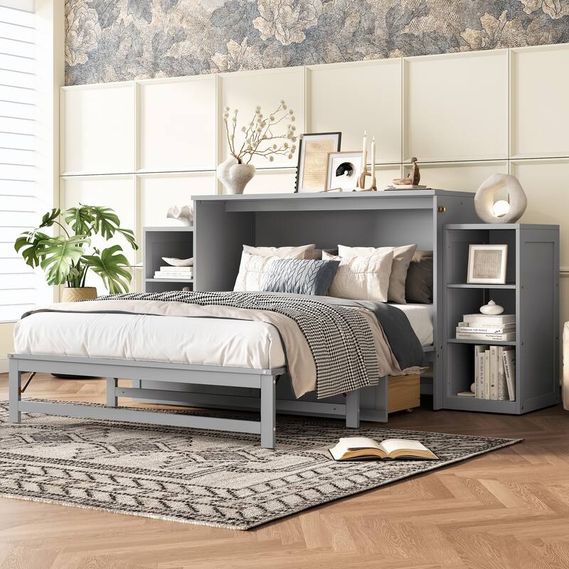 Roomfitters Murphy Bed with Storage Drawers and Shelves, Solid Wood Wall Bed Cabinet - Light Grey - Full