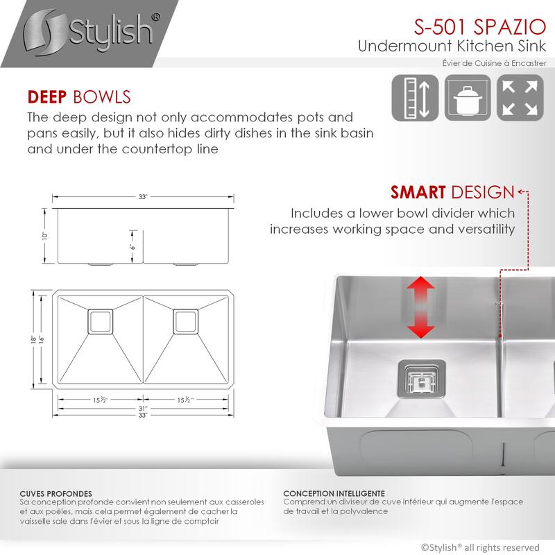 Undermount 33" Stainless Steel Double-Bowl Kitchen Sink Handmade - 33" x 18" x 10"