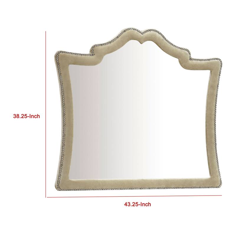 Lino Dresser Mirror, Curved Frame, Nailhead Trim, Cream Velvet 43 Inch - Camel Brown