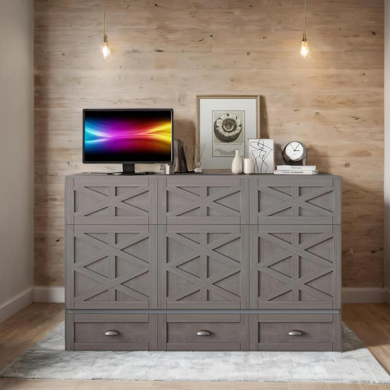 Queen Size Wood Murphy Bed with Drawer,USB Ports ,Three-Prong Outlets