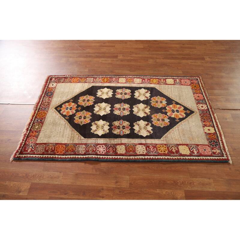 Geometric Black Shiraz Persian Vintage Area Rug Handmade Wool Carpet - 3'2"x 5'2"