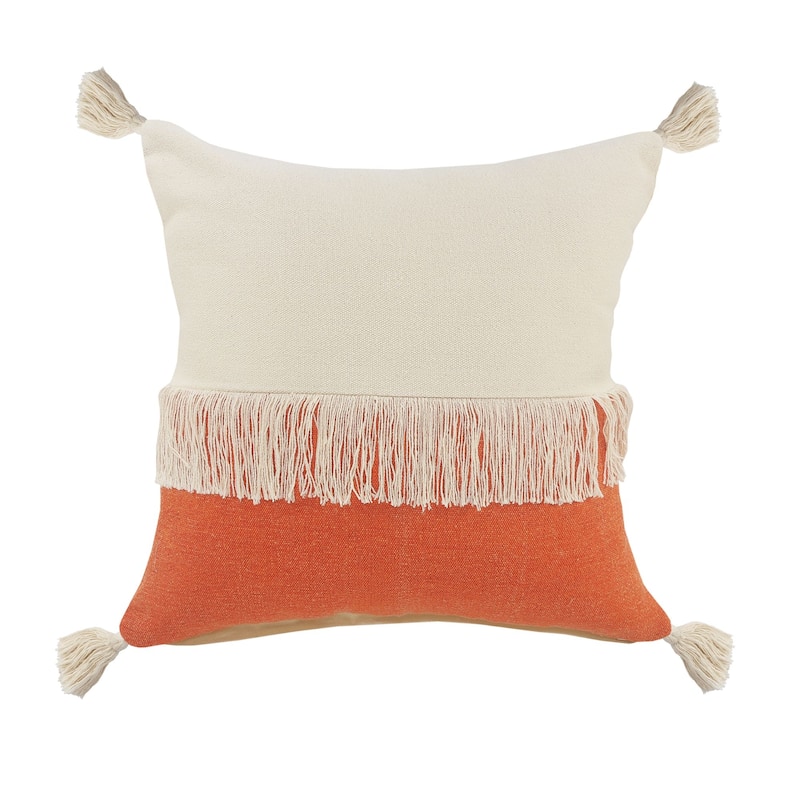 20" Orange and White Fringe Color Block Square Throw Pillow