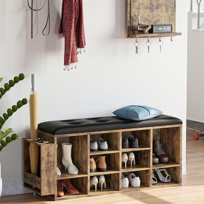 Shoe Bench, 10 Cubbies Storage Entryway Bench with PU Leather, Cubby Shoe Rack Organizer with Adjustable Shelves