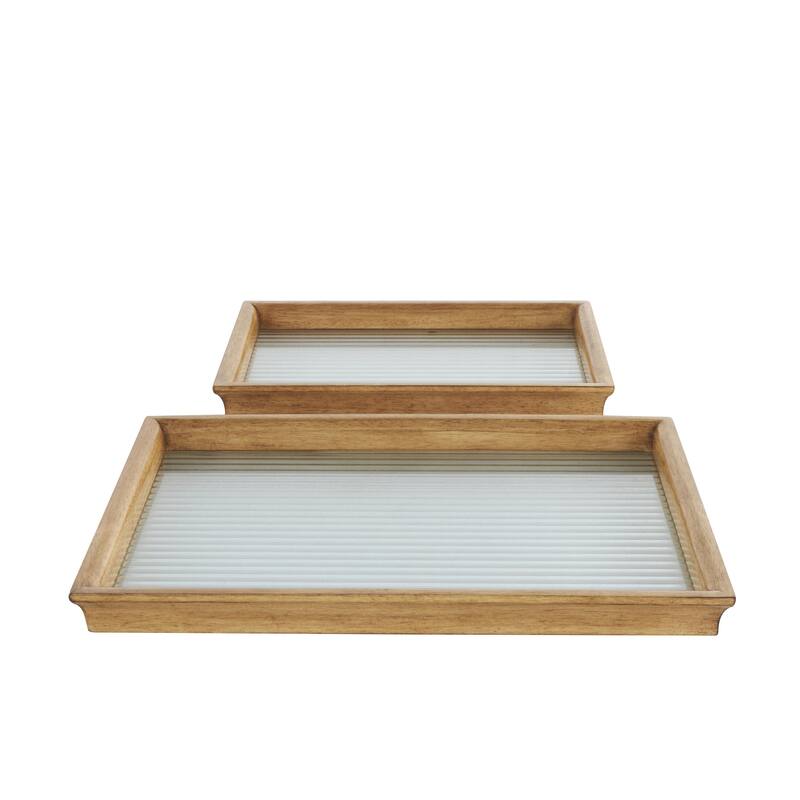 Wood Nesting Living Room Decor Tray with Fluted Glass Bases - Set of 2 Brown - Roche River Decor