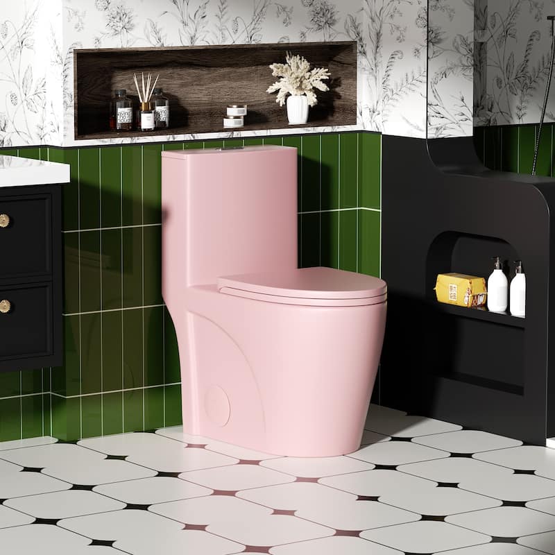 1.1/1.6 GPF Tornado Flush One-Piece Toilet,Siphonic S-trap 12",Elongated Bowl with Soft Close Seat,Chair Seat ADA Height 17" - Pink Flower